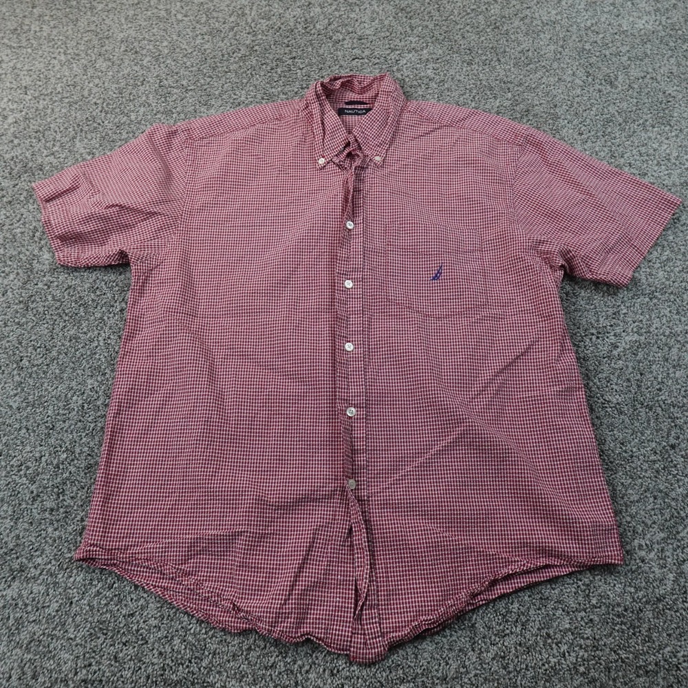 Nautica Shirt Mens L Red White Check Seersucker Button Up Short Sleeve Preppy